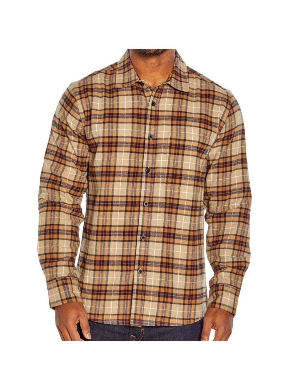Eddie Bauer Men’s Khaki Plaid Flannel 100% yarn-dyed cotton shirt